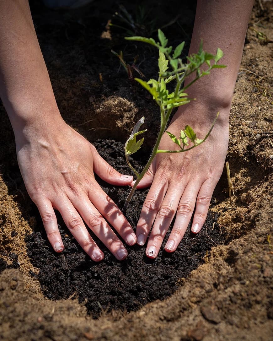 Hands planting a young seedling